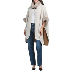 MAX STUDIO Beige Hooded Ruana With Toggle And Faux Mink Trim